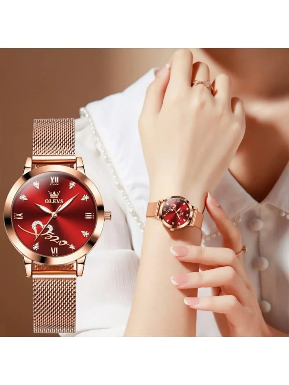 Women's Rose Gold Red Mesh Strap Fashion Dress Hearts Quartz Bracelet Sets Watch